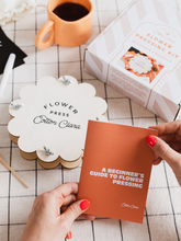 Load image into Gallery viewer, Flower Press Crafts kit with scalloped wooden press and beginner's guide to flower pressing.