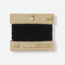 Load image into Gallery viewer, Black  reclaimed / recycled 100% cashmere mending yarn. 10m wound horizontally onto bespoke laser cut and branded ply. Approximately 2/28nm. perfect weight for visible and invisible mending, darning and Swiss darning knitwear repairs. Made by Second Cashmere at Bawn Glasgow
