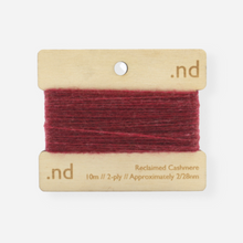 Load image into Gallery viewer, Rosewood Red reclaimed / recycled 100% cashmere mending yarn. 10m wound horizontally onto bespoke laser cut and branded ply. Approximately 2/28nm. perfect weight for visible and invisible mending, darning and Swiss darning knitwear repairs. Made by Second Cashmere at Bawn Glasgow