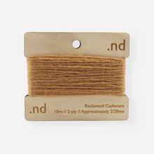 Load image into Gallery viewer, Gold reclaimed / recycled 100% cashmere mending yarn. 10m wound horizontally onto bespoke laser cut and branded ply. Approximately 2/28nm. perfect weight for visible and invisible mending, darning and Swiss darning knitwear repairs. Made by Second Cashmere at Bawn Glasgow