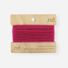 Load image into Gallery viewer, Bright Hot Pink reclaimed / recycled 100% cashmere mending yarn. 10m wound horizontally onto bespoke laser cut and branded ply. Approximately 2/28nm. perfect weight for visible and invisible mending, darning and Swiss darning knitwear repairs. Made by Second Cashmere at Bawn Glasgow