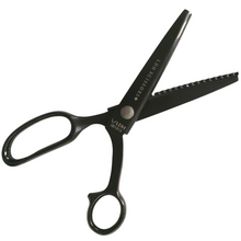 Load image into Gallery viewer, Scissors open diagonal angle, right handed pinking shears in black on white background. Branded with LDH company logo
