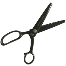 Load image into Gallery viewer, Scissors open diagonal angle, right handed pinking shears in black on white background. Branded with LDH company logo