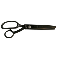 Load image into Gallery viewer, Scissors closed, horizontal lay Diagonal lay. Right handed Pinking shears in black on white background. Branded with LDH company logo