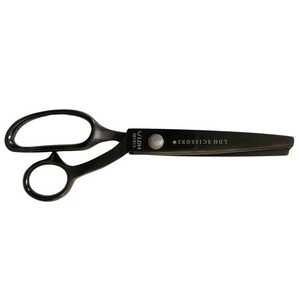 Scissors closed, horizontal lay Diagonal lay. Right handed Pinking shears in black on white background. Branded with LDH company logo