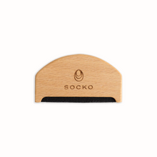 Load image into Gallery viewer, Socko Pilling comb for debobbling your knitwear. care for cashmere. clothing care. wooden handle clothing comb. white background flat lay.