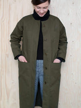 Load image into Gallery viewer, The Assembly Line Sewing Pattern. Model Wearing The Lab Coat