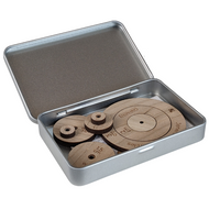 Wooden nest of metric Seam Circles 0.5-3cm in metal tin made by Jen Hogg aka Jenerates. 