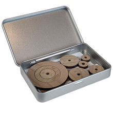 Load image into Gallery viewer, Wooden nest of imperial Seam Circles in metal tin made by Jen Hogg aka Jenerates
