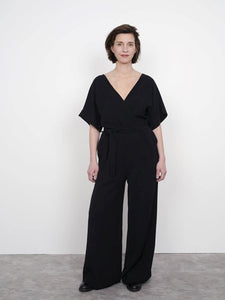 The Assembly Line Sewing Pattern. Model Wearing Wide Leg Jumpsuit