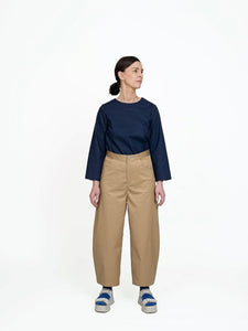 The Assembly Line Sewing Pattern, Model wearing Barrel Leg Trousers 