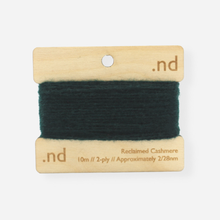 Load image into Gallery viewer, Dark Green reclaimed / recycled 100% cashmere mending yarn. 10m wound horizontally onto bespoke laser cut and branded ply. Approximately 2/28nm. perfect weight for visible and invisible mending, darning and Swiss darning knitwear repairs. Made by Second Cashmere at Bawn Glasgow
