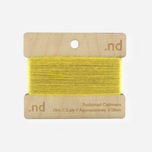 Load image into Gallery viewer, Bright Yellow reclaimed / recycled 100% cashmere mending yarn. 10m wound horizontally onto bespoke laser cut and branded ply. Approximately 2/28nm. perfect weight for visible and invisible mending, darning and Swiss darning knitwear repairs. Made by Second Cashmere at Bawn Glasgow
