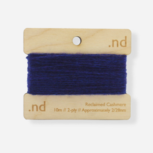 Load image into Gallery viewer, Dark Blue reclaimed / recycled 100% cashmere mending yarn. 10m wound horizontally onto bespoke laser cut and branded ply. Approximately 2/28nm. perfect weight for visible and invisible mending, darning and Swiss darning knitwear repairs. Made by Second Cashmere at Bawn Glasgow
