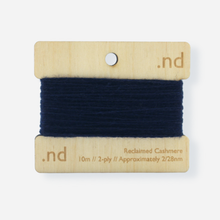 Load image into Gallery viewer, Navy Blue reclaimed / recycled 100% cashmere mending yarn. 10m wound horizontally onto bespoke laser cut and branded ply. Approximately 2/28nm. perfect weight for visible and invisible mending, darning and Swiss darning knitwear repairs. Made by Second Cashmere at Bawn Glasgow
