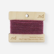Load image into Gallery viewer, Grape Purple reclaimed / recycled 100% cashmere mending yarn. 10m wound horizontally onto bespoke laser cut and branded ply. Approximately 2/28nm. perfect weight for visible and invisible mending, darning and Swiss darning knitwear repairs. Made by Second Cashmere at Bawn Glasgow
