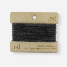 Load image into Gallery viewer, Grey reclaimed / recycled 100% cashmere mending yarn. 10m wound horizontally onto bespoke laser cut and branded ply. Approximately 2/28nm. perfect weight for visible and invisible mending, darning and Swiss darning knitwear repairs. Made by Second Cashmere at Bawn Glasgow
