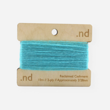 Load image into Gallery viewer, Aqua reclaimed / recycled 100% cashmere mending yarn. 10m wound horizontally onto bespoke laser cut and branded ply. Approximately 2/28nm. perfect weight for visible and invisible mending, darning and Swiss darning knitwear repairs. Made by Second Cashmere at Bawn Glasgow
