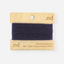 Load image into Gallery viewer, Dark Purple reclaimed / recycled 100% cashmere mending yarn. 10m wound horizontally onto bespoke laser cut and branded ply. Approximately 2/28nm. perfect weight for visible and invisible mending, darning and Swiss darning knitwear repairs. Made by Second Cashmere at Bawn Glasgow
