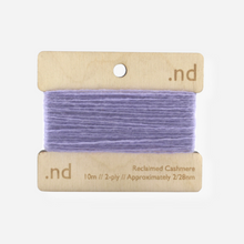 Load image into Gallery viewer, Lilac reclaimed / recycled 100% cashmere mending yarn. 10m wound horizontally onto bespoke laser cut and branded ply. Approximately 2/28nm. perfect weight for visible and invisible mending, darning and Swiss darning knitwear repairs. Made by Second Cashmere at Bawn Glasgow
