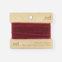 Load image into Gallery viewer, Rosewood Red reclaimed / recycled 100% cashmere mending yarn. 10m wound horizontally onto bespoke laser cut and branded ply. Approximately 2/28nm. perfect weight for visible and invisible mending, darning and Swiss darning knitwear repairs. Made by Second Cashmere at Bawn Glasgow
