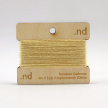 Load image into Gallery viewer, Yellow Gold reclaimed / recycled 100% cashmere mending yarn. 10m wound horizontally onto bespoke laser cut and branded ply. Approximately 2/28nm. perfect weight for visible and invisible mending, darning and Swiss darning knitwear repairs. Made by Second Cashmere at Bawn Glasgow
