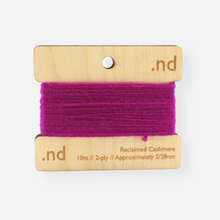 Load image into Gallery viewer, Fuchsia Pink reclaimed / recycled 100% cashmere mending yarn. 10m wound horizontally onto bespoke laser cut and branded ply. Approximately 2/28nm. perfect weight for visible and invisible mending, darning and Swiss darning knitwear repairs. Made by Second Cashmere at Bawn Glasgow
