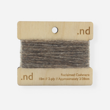 Load image into Gallery viewer, Grey Brown  reclaimed / recycled 100% cashmere mending yarn. 10m wound horizontally onto bespoke laser cut and branded ply. Approximately 2/28nm. perfect weight for visible and invisible mending, darning and Swiss darning knitwear repairs. Made by Second Cashmere at Bawn Glasgow
