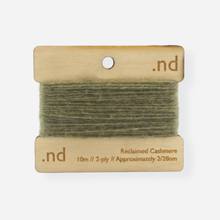 Load image into Gallery viewer, Moss green  reclaimed / recycled 100% cashmere mending yarn. 10m wound horizontally onto bespoke laser cut and branded ply. Approximately 2/28nm. perfect weight for visible and invisible mending, darning and Swiss darning knitwear repairs. Made by Second Cashmere at Bawn Glasgow
