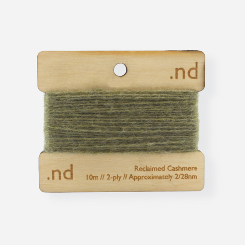 Moss green  reclaimed / recycled 100% cashmere mending yarn. 10m wound horizontally onto bespoke laser cut and branded ply. Approximately 2/28nm. perfect weight for visible and invisible mending, darning and Swiss darning knitwear repairs. Made by Second Cashmere at Bawn Glasgow