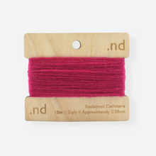 Load image into Gallery viewer, Bright Hot Pink reclaimed / recycled 100% cashmere mending yarn. 10m wound horizontally onto bespoke laser cut and branded ply. Approximately 2/28nm. perfect weight for visible and invisible mending, darning and Swiss darning knitwear repairs. Made by Second Cashmere at Bawn Glasgow
