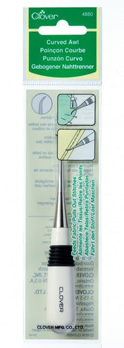 Curved Tailor's awl with black and white handle in branded green Clover plastic packaging