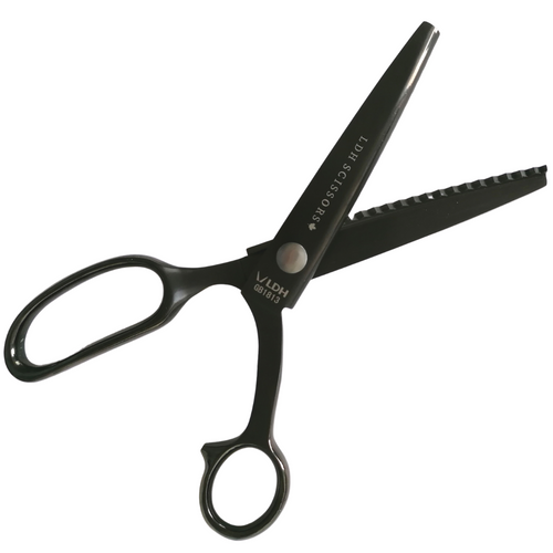 Scissors open diagonal angle, right handed pinking shears in black on white background. Branded with LDH company logo