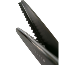 Load image into Gallery viewer, Close up of pinking shears zig zag edge in black, branded with LDH company logo

