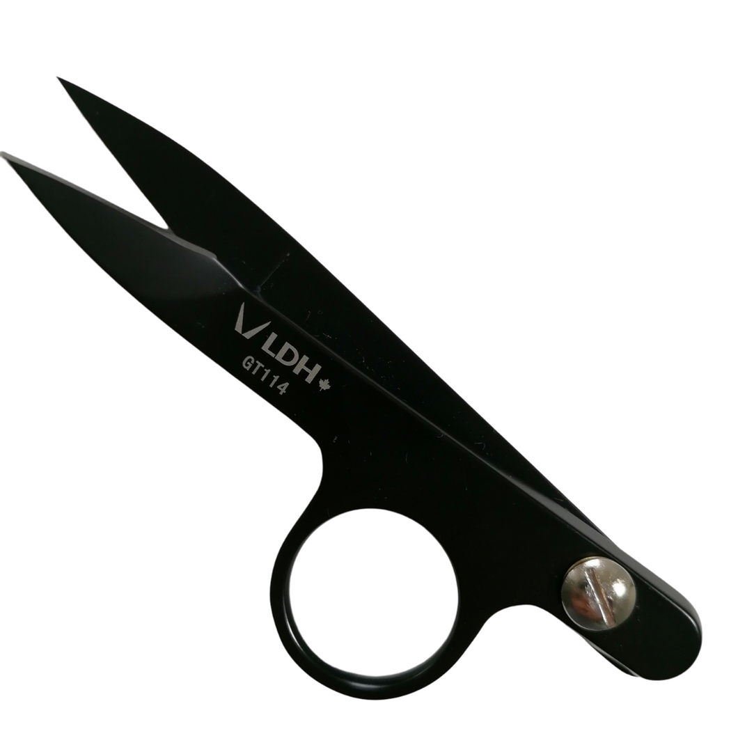 Diagonal lay, finger-loop snips, thread snips in black on white background. Branded with LDH company logo