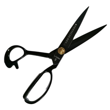 Load image into Gallery viewer, 9 inch right handed fabric scissors in black, branded with LDH company logo. Open blade diagonal lay. 
