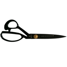 Load image into Gallery viewer, 9 inch right handed fabric scissors in black, branded with LDH company logo. Open blade flat horizontal lay. 
