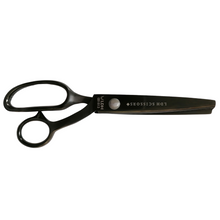 Load image into Gallery viewer, Scissors closed, horizontal lay Diagonal lay. Right handed Pinking shears in black on white background. Branded with LDH company logo
