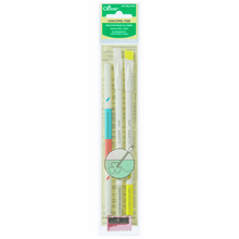 Load image into Gallery viewer, In green branded plastic packaging - Clover chacopel fabric marking penciles x3 with brush ends and a pink sharpener.
