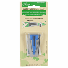 Load image into Gallery viewer, Metal and blue plastic gadget for making 25mm bias binding tape by Clover. In branded green packaging
