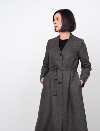 The Assembly Line Sewing Pattern. Model Wearing V-Neck Coat