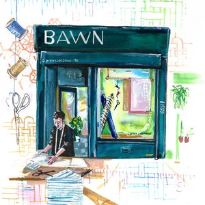 Limited edition of 50 watercolour print by Libby Walker of Bawn Textiles of 613 Pollokshaws Road, Glasgow. Kickstarter reward. Crowdfunding reward. Fabric Shop Facade. 