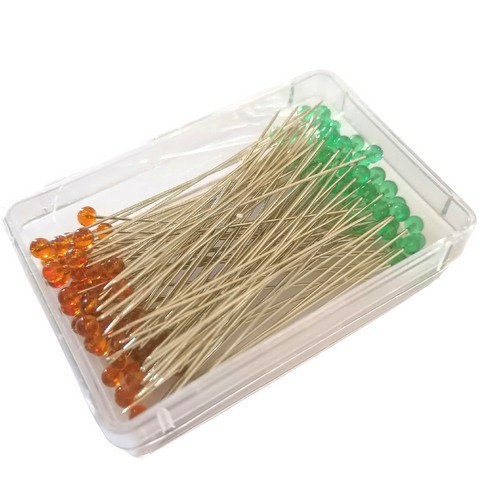 100 orange and green glass head sharp fine and flexible sewing pins by Clover