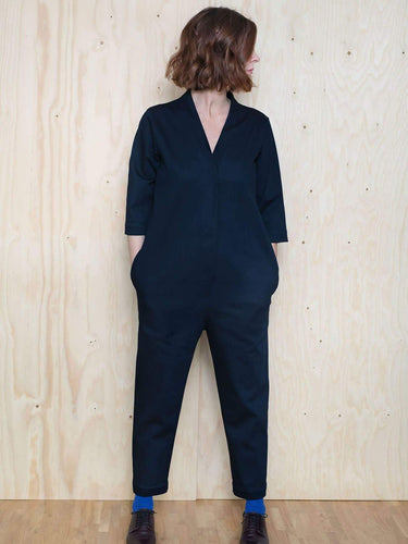 The Assembly Line Sewing Pattern. Model Wearing V-Neck Jumpsuit