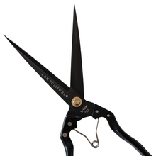 Load image into Gallery viewer, Sprung handle batting fabric shears in black, branded with LDH company logo. Open blade diagonal lay
