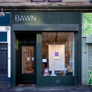 Shop front view of Bawn Textiles, 613 Pollokshaws Road, Glasgow, G41 2QG January 2023